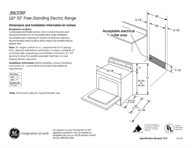 Página 1 del manual Ficha técnica GE JB630RFSS