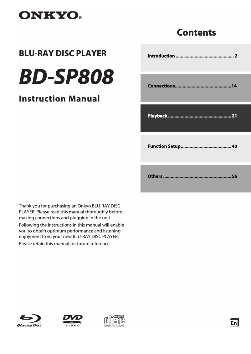 Page 1 de la notice Manuel utilisateur Onkyo BD-SP808