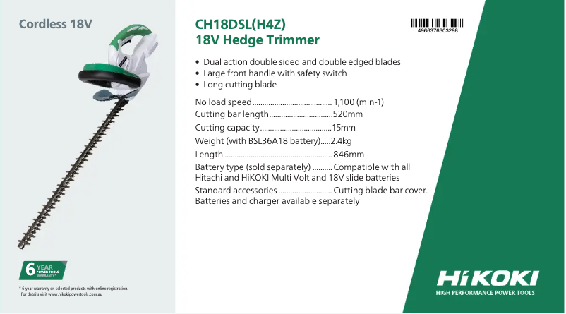 Page 1 de la notice Fiche technique HiKOKI CH18DSL