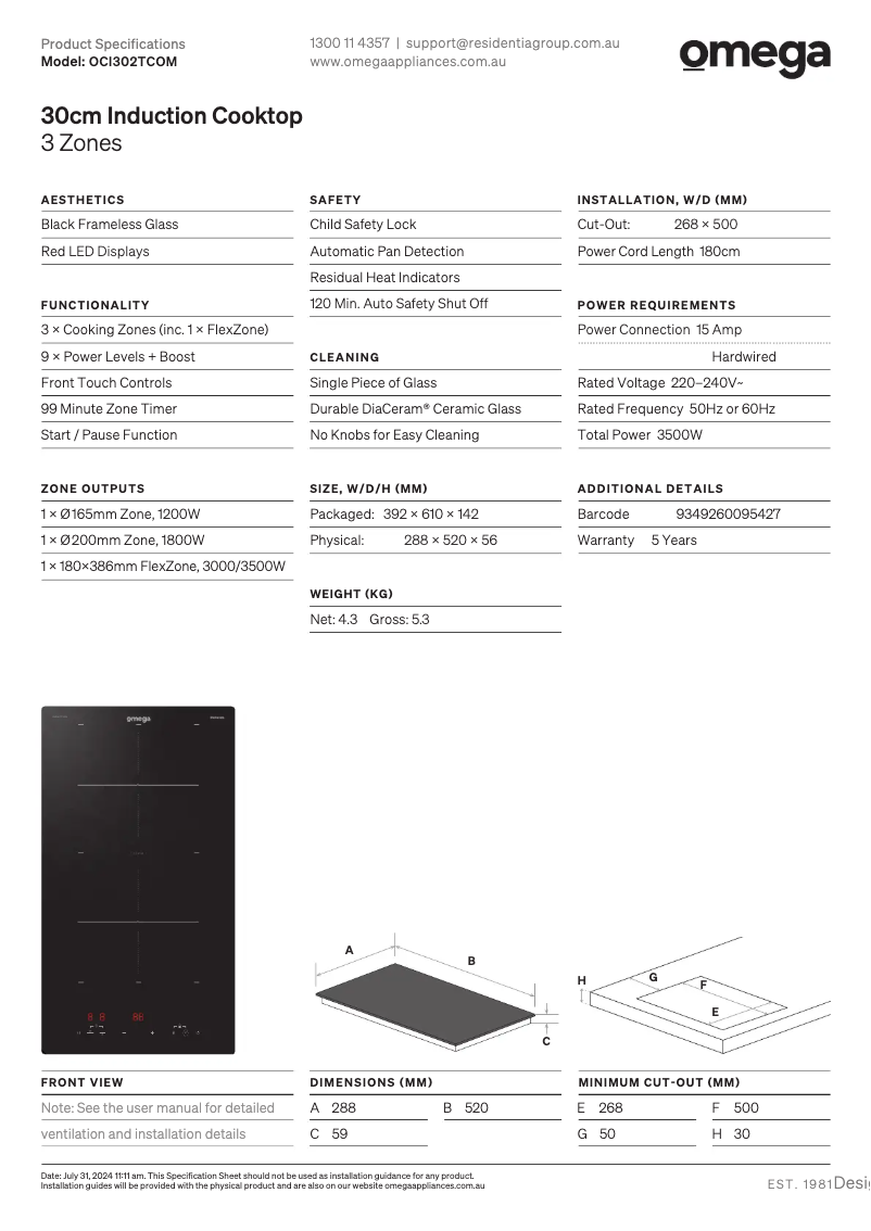 Page 1 de la notice Fiche technique Omega OCI302TCOM