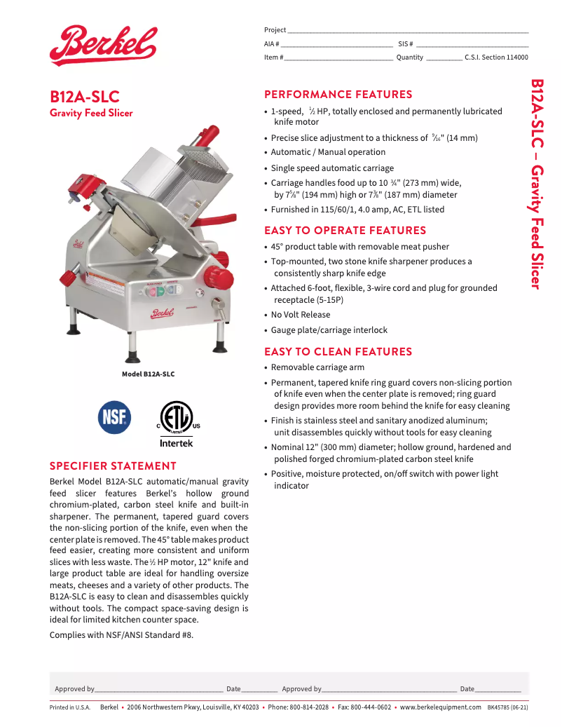 Página 1 del manual Ficha técnica Berkel B12A-SLC