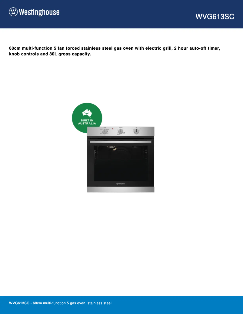 Page 1 de la notice Fiche technique Westinghouse WVG613SC