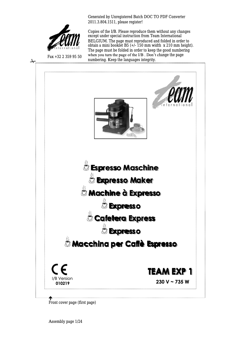 Page 1 de la notice Manuel utilisateur Team EXP 1