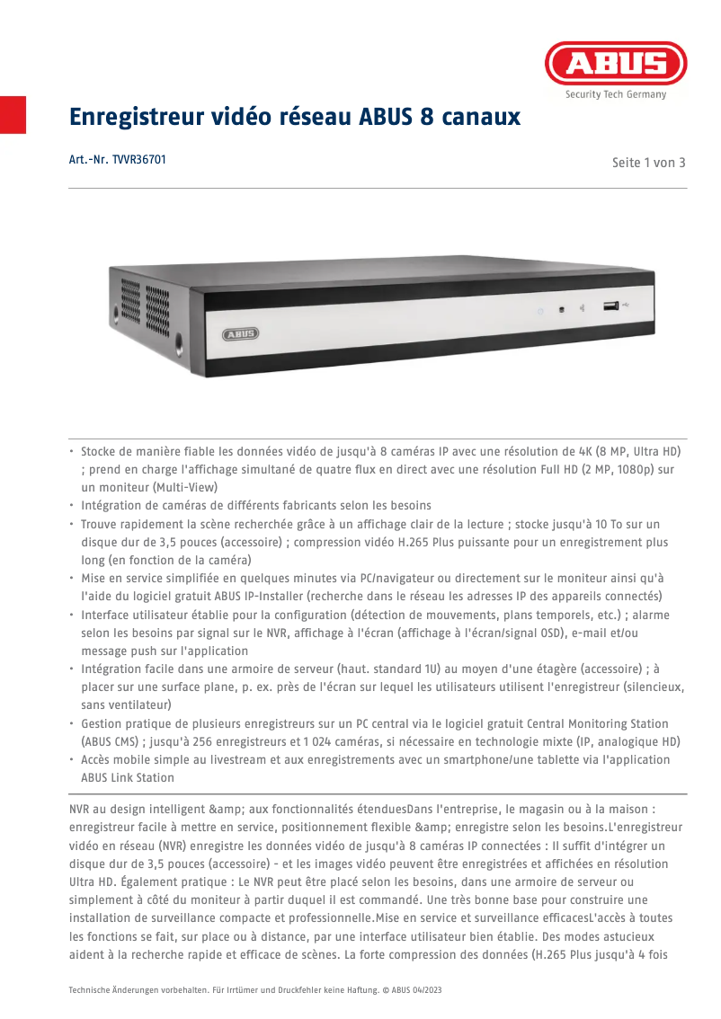 Page 1 de la notice Fiche technique Abus TVVR36701