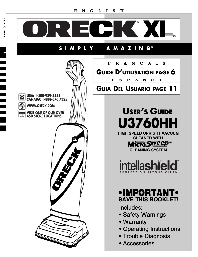 Page 1 de la notice Manuel utilisateur Oreck XL Deluxe 3760HH