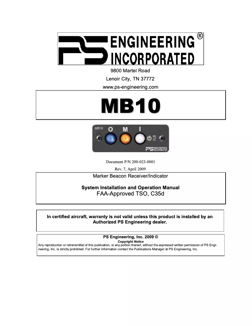 Page 1 de la notice Manuel utilisateur PS Engineering MB10