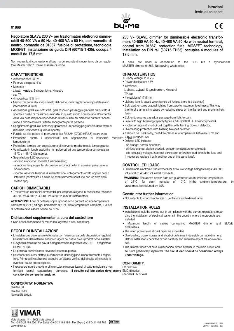 Page 1 de la notice Manuel utilisateur Vimar 01868