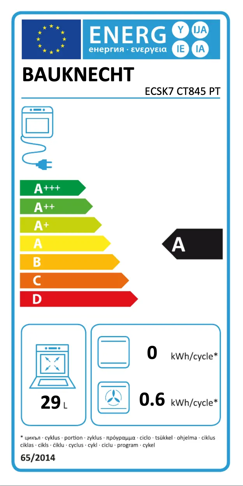 Page 1 of the manual Energy Label Bauknecht ECSK7 CT845 PT