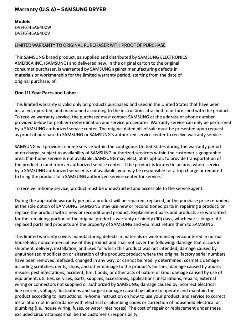 Página 1 del manual Información de garantía Samsung DVG45A6400V