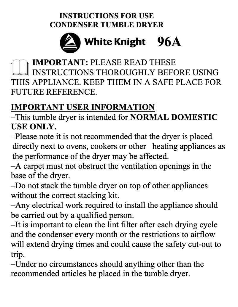 Page 1 de la notice Manuel utilisateur White Knight C96AW