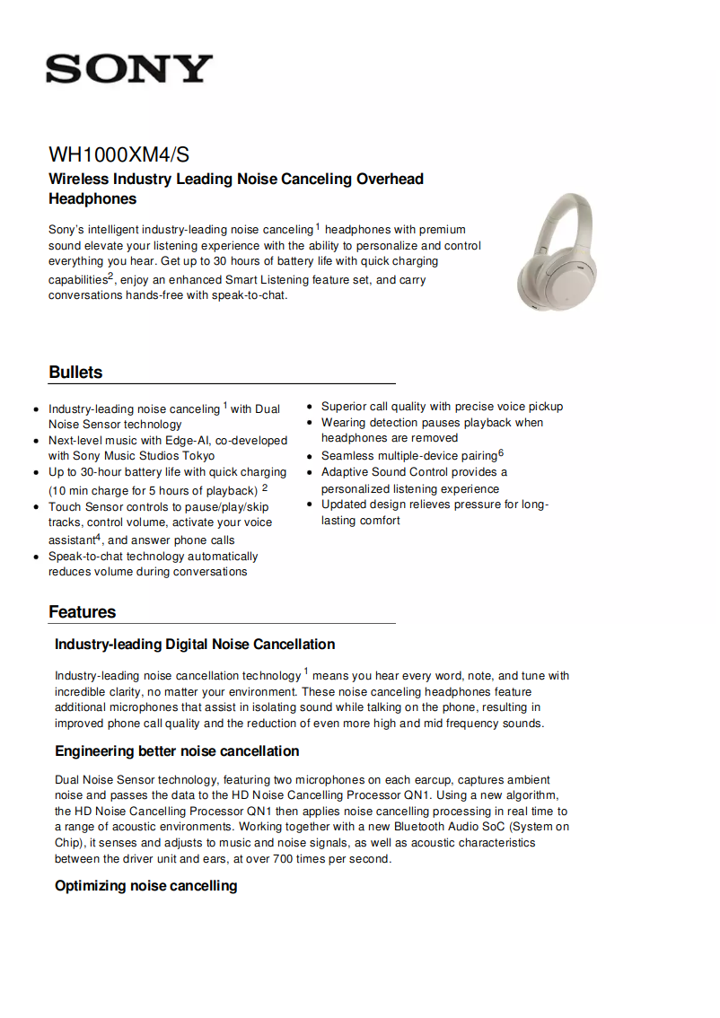 Page 1 de la notice Fiche technique Sony WH-1000XM4
