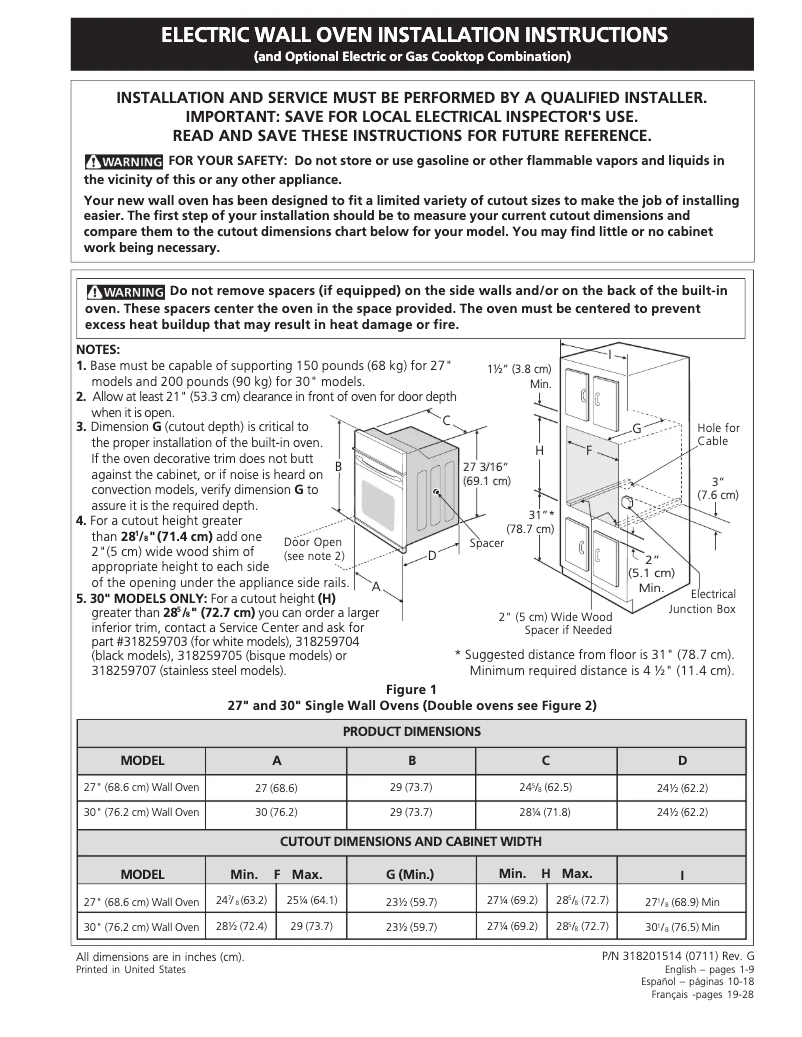 Page 1 de la notice Guide d'installation Frigidaire FEB30T5DC