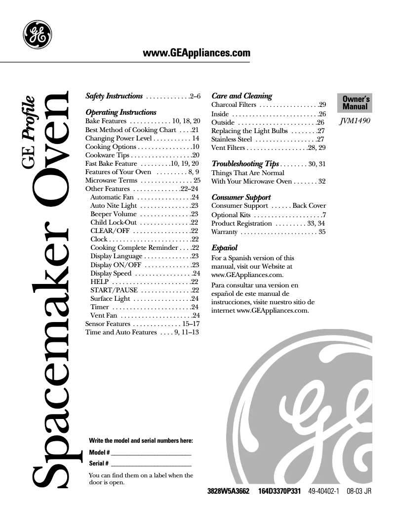 Página 1 del manual Manual de uso y mantenimiento GE JVM1490SK