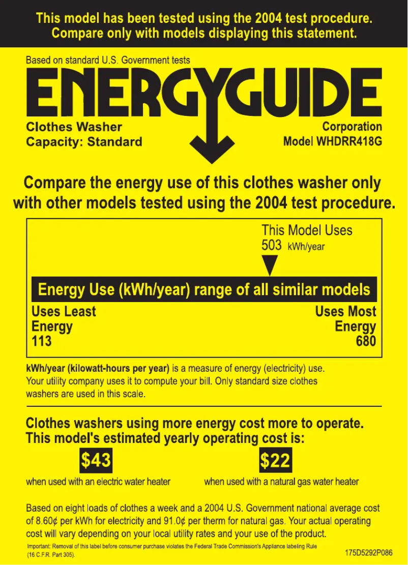 Page n°1 - Label énergétique GE WHDRR418GWW