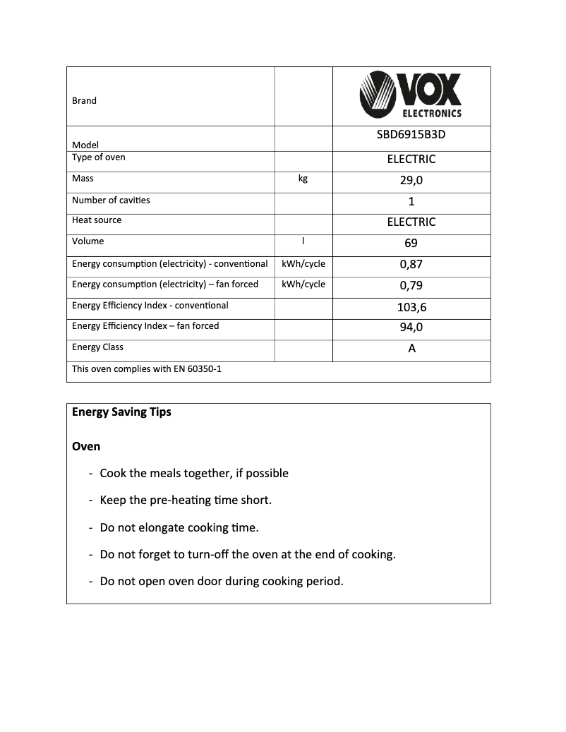 Page 1 de la notice Fiche technique VOX SBD6915B3D
