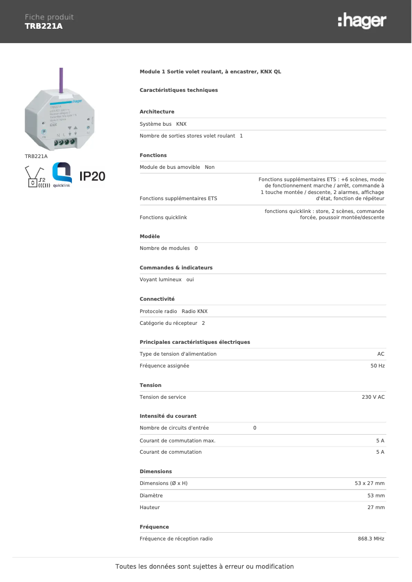Page 1 de la notice Fiche technique Hager TRB221A