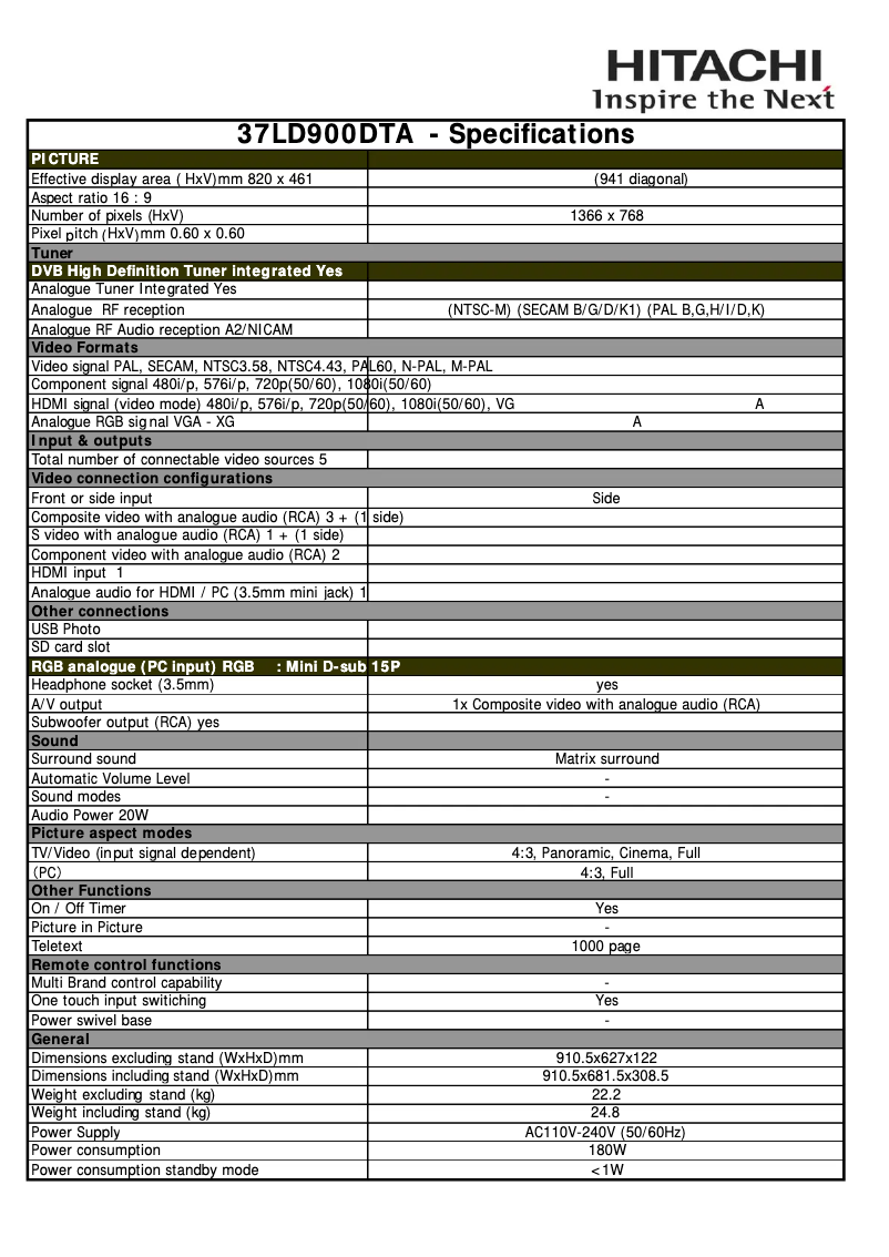 Page 1 de la notice Manuel utilisateur Hitachi 37LD900DTA