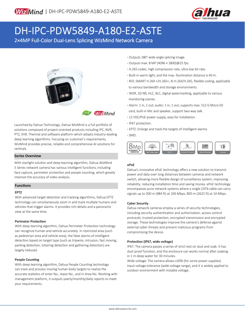 Page 1 de la notice Fiche technique Dahua Technology IPC-PDW5849-A180-E2-ASTE