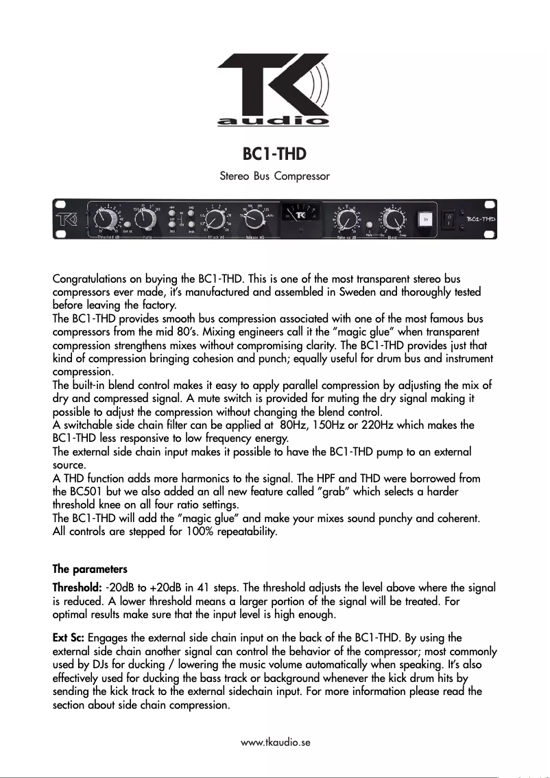 Page 1 of the manual User Manual TK Audio BC1-THD