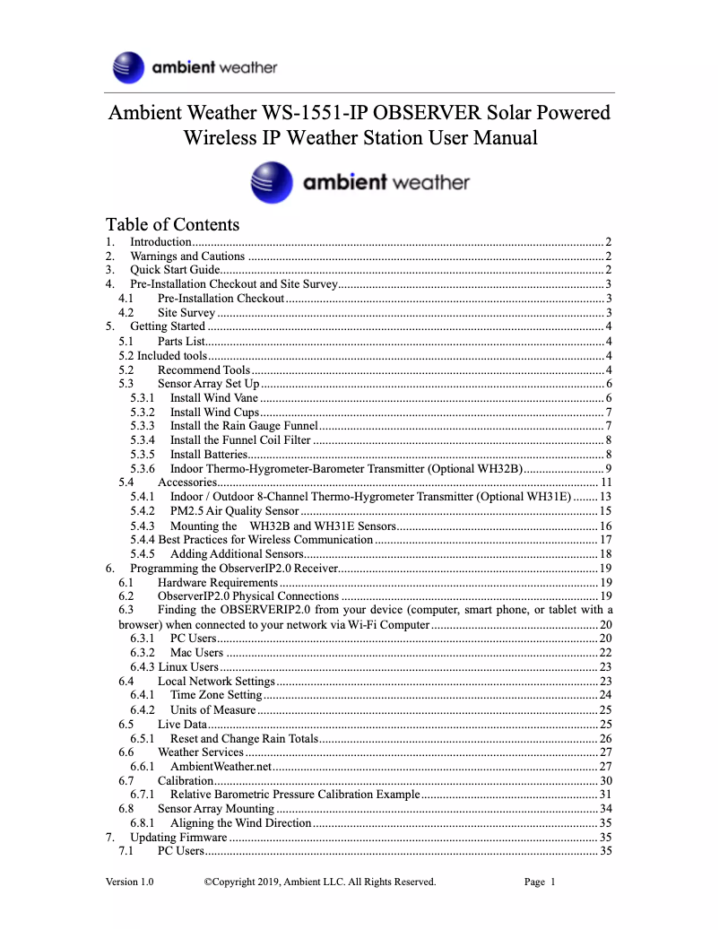 Page 1 de la notice Manuel utilisateur Ambient Weather WS-1551-IP