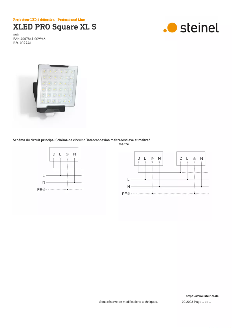 Page 1 de la notice Schéma de câblage Steinel XLED PRO Square XL S