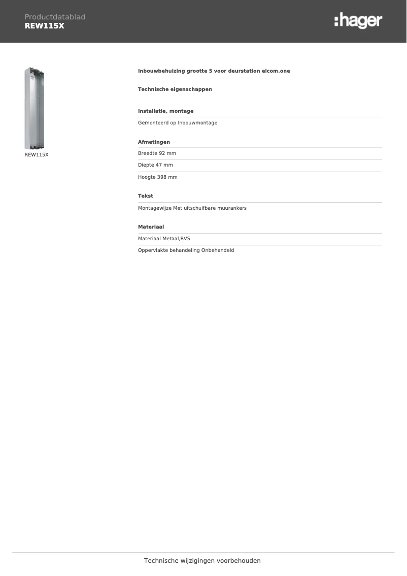 Page 1 de la notice Fiche technique Hager REW115X