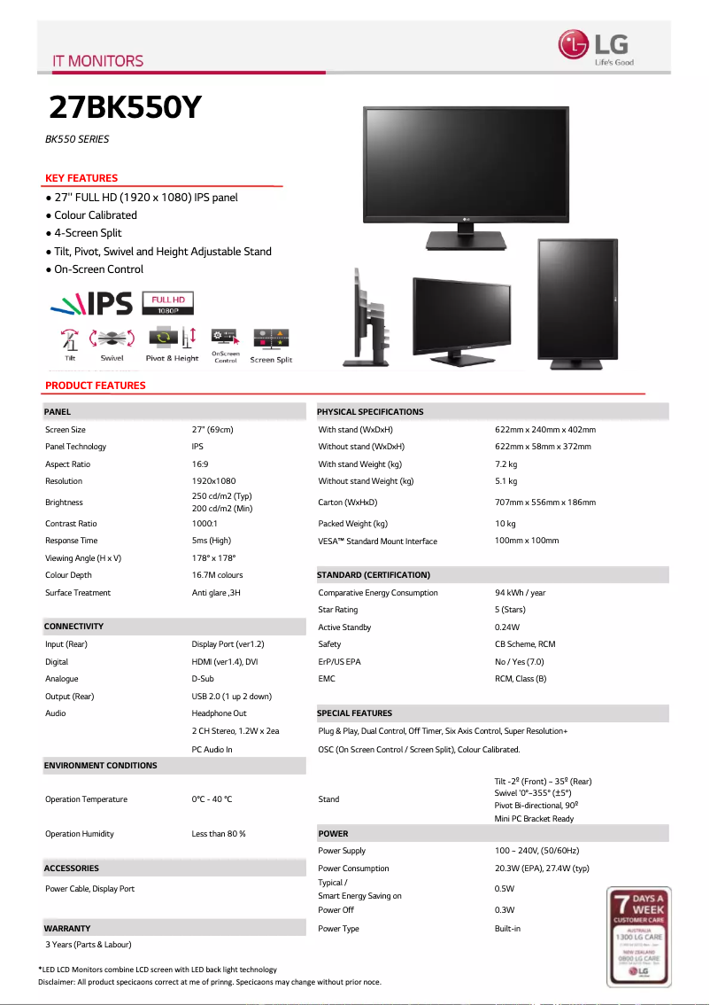 Page 1 de la notice Fiche technique LG 27BK550Y-B