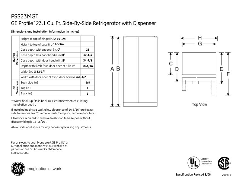 Page 1 of the manual Technical Sheet GE PSS23MGTWW