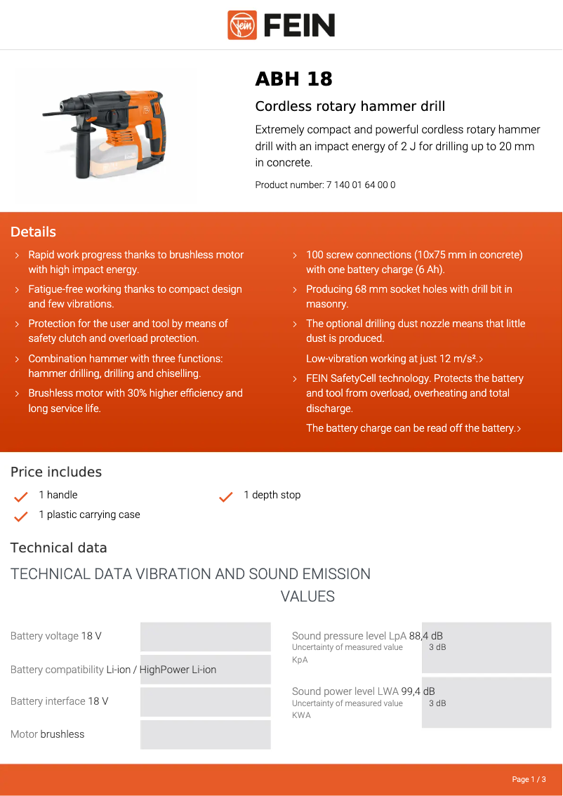 Page 1 de la notice Fiche technique Fein ABH 18