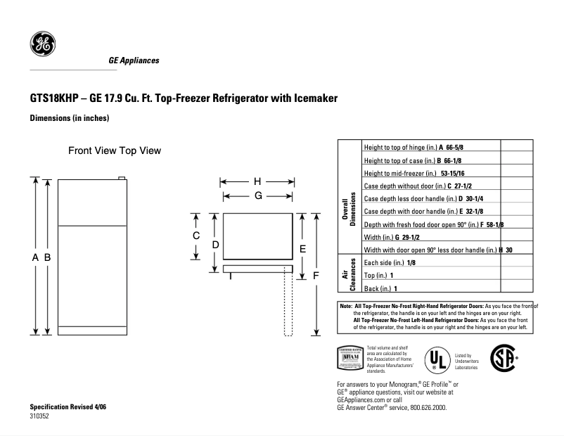 Page 1 of the manual Technical Sheet GE GTS18KHPWW