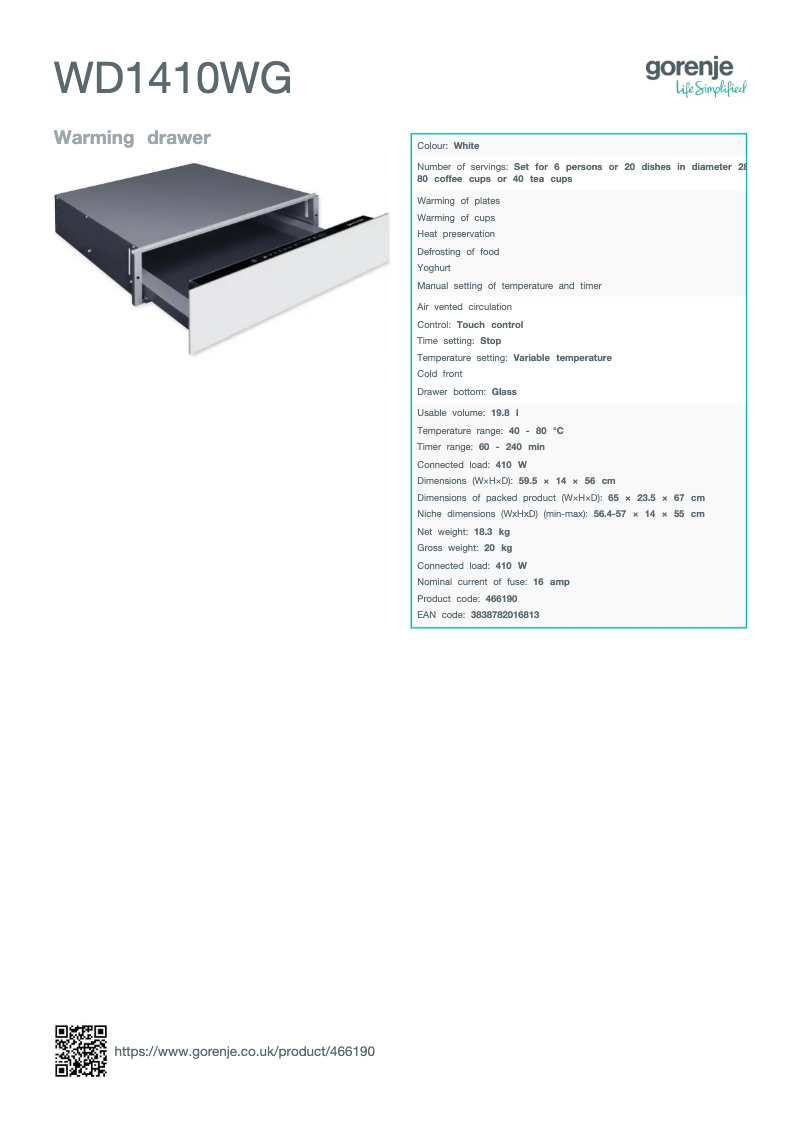 Page 1 de la notice Fiche technique Gorenje WD1410WG