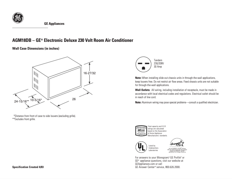 Página 1 del manual Ficha técnica GE AGM18DB