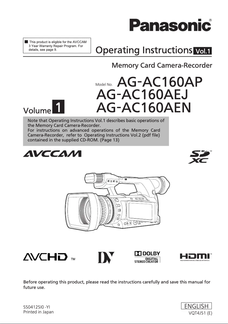 Página 1 del manual Manual de usuario Panasonic AG-AC160A