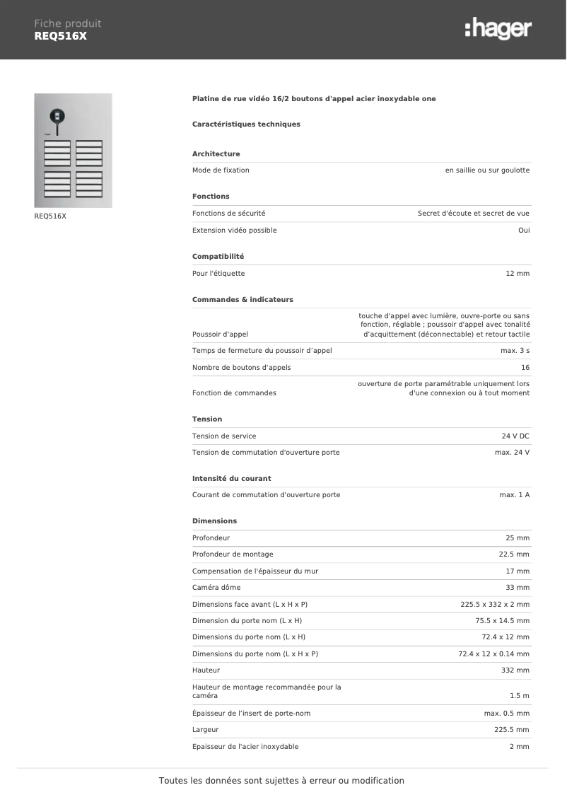 Page 1 de la notice Fiche technique Elcom REQ516X