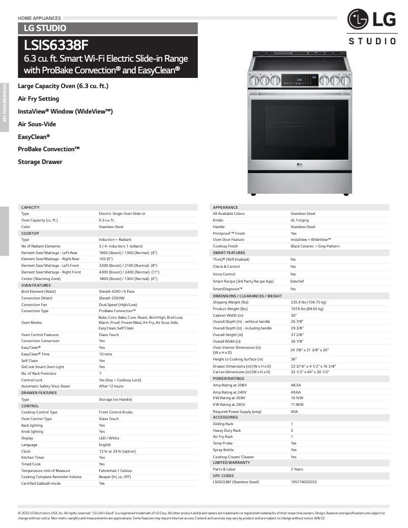 Page 1 de la notice Fiche technique LG LSIS6338F