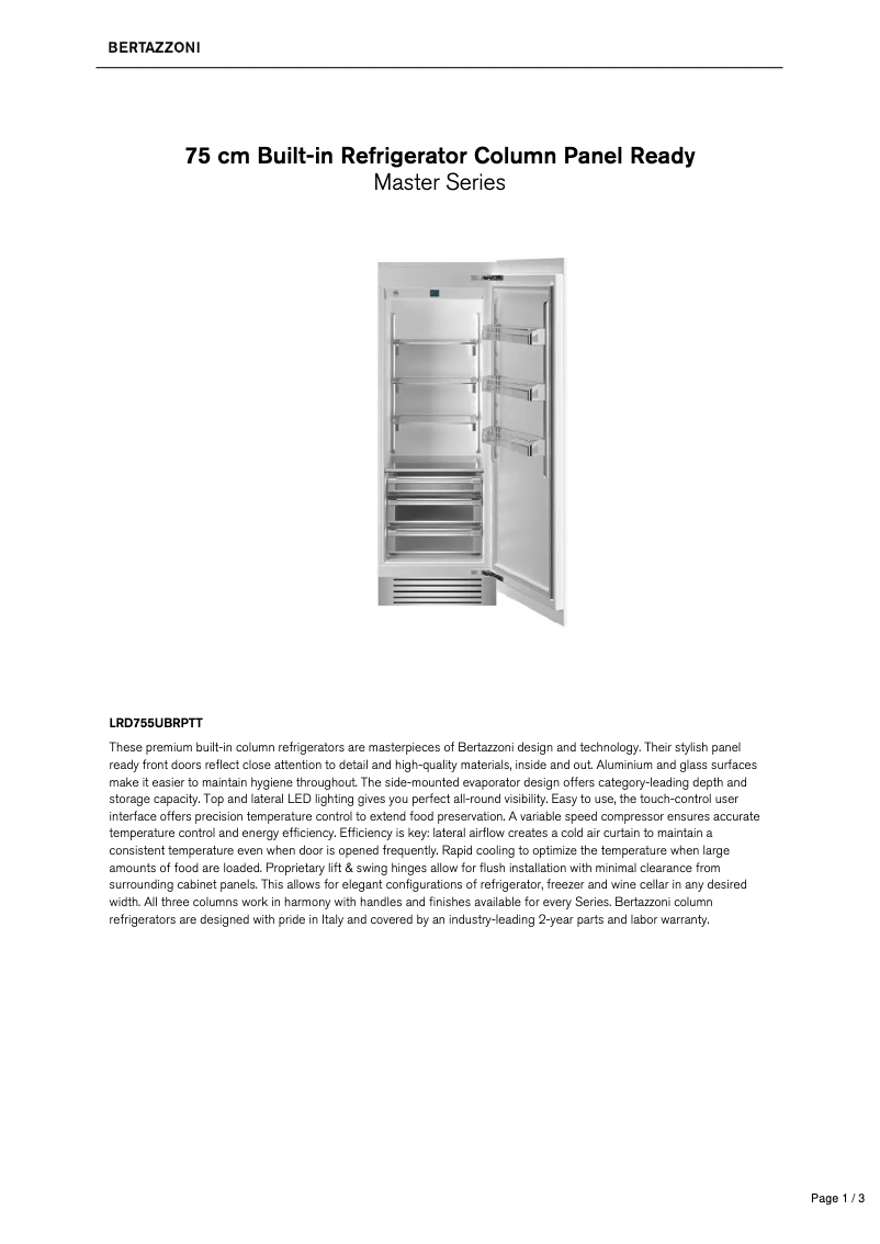 Page 1 de la notice Fiche technique Bertazzoni LRD755UBRPTT