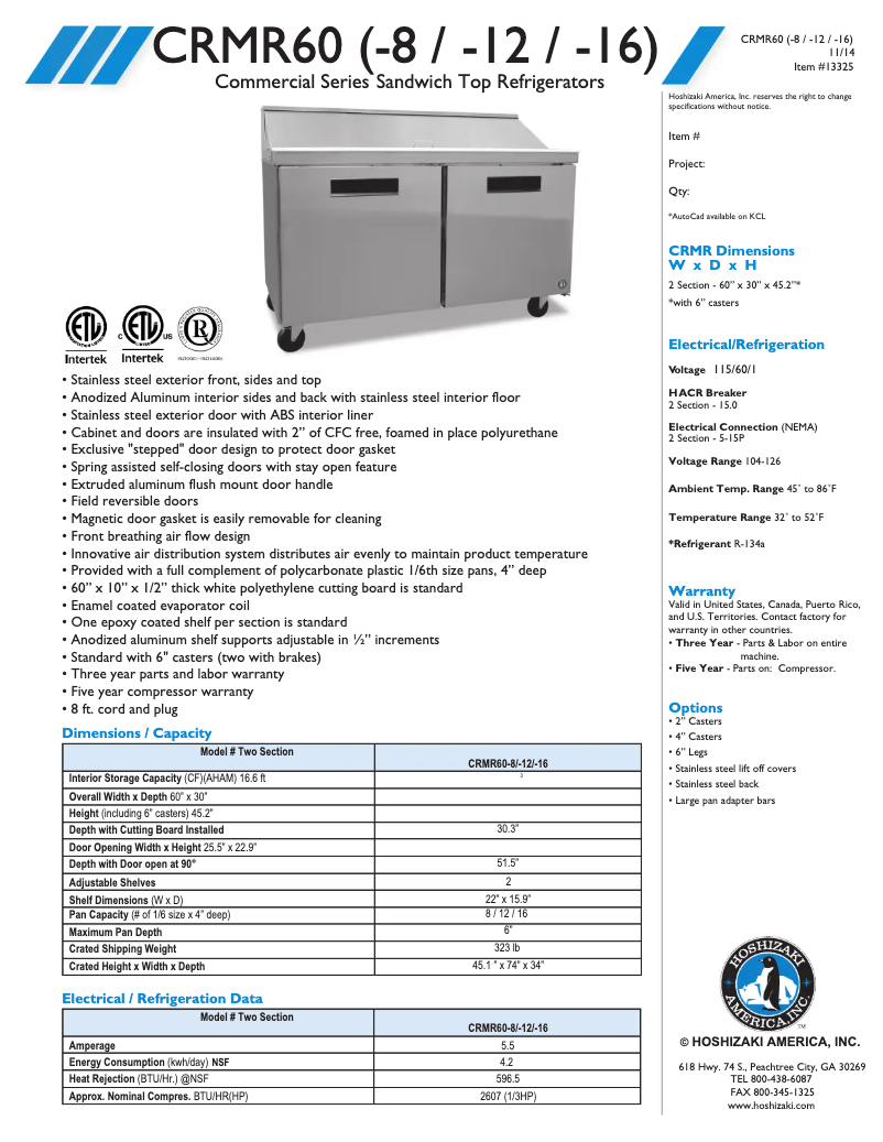 Page 1 de la notice Fiche technique Hoshizaki CRMR60-16