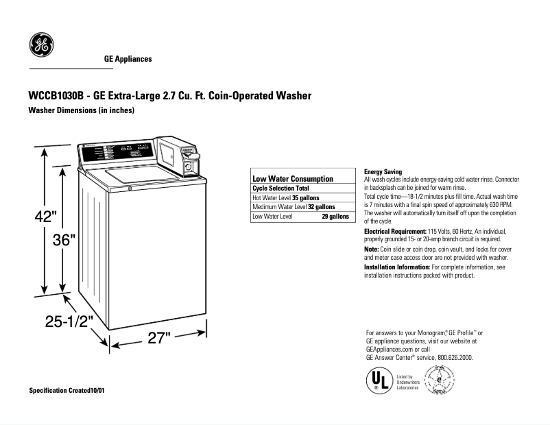 Página 1 del manual Ficha técnica GE WCCB1030BWC