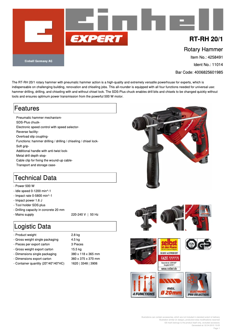 Page 1 de la notice Fiche technique Einhell RT-RH 20/1