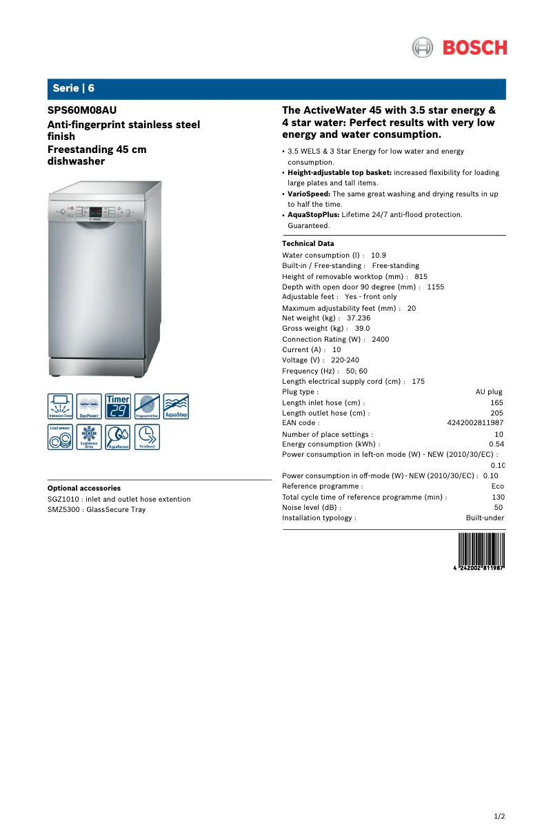 Page 1 of the manual Technical Sheet Bosch SPS60M08AU
