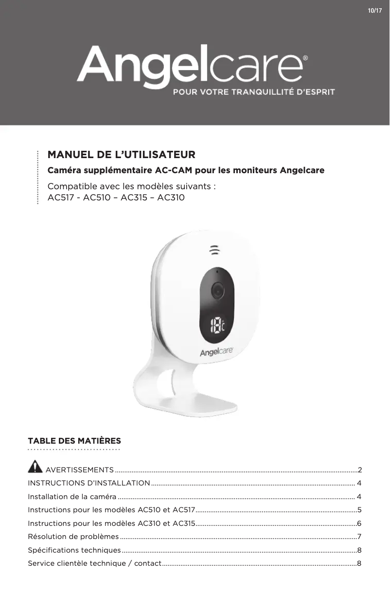 Page 1 de la notice Manuel utilisateur Angelcare AC517