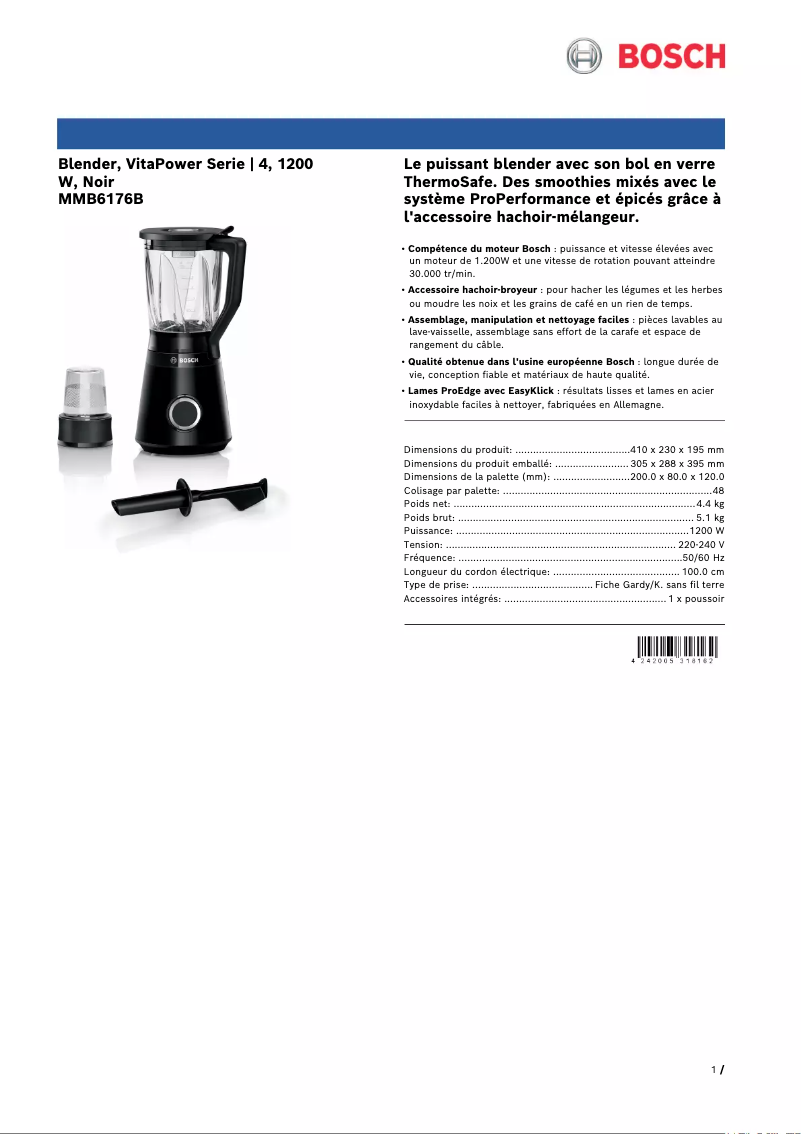 Page 1 of the manual Technical Sheet Bosch VitaPower MMB6176B