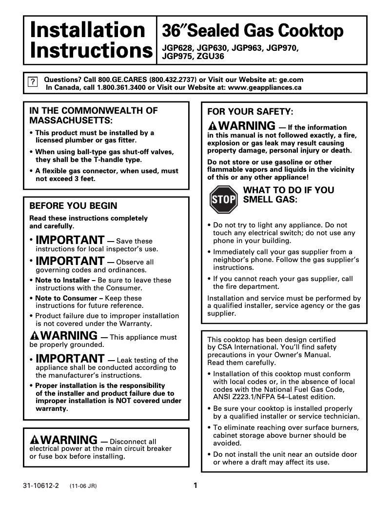 Page 1 of the manual Installation Guide GE Profile JGP963CEKCC