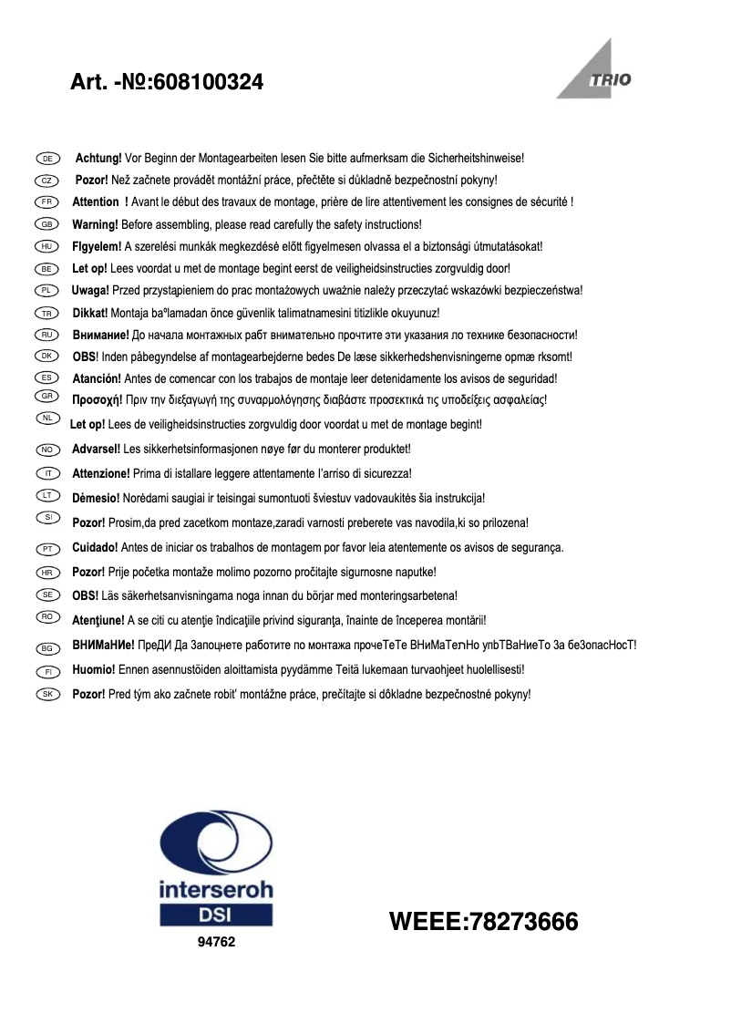 Page 1 de la notice Manuel utilisateur Trio Lighting Quinta 608100324