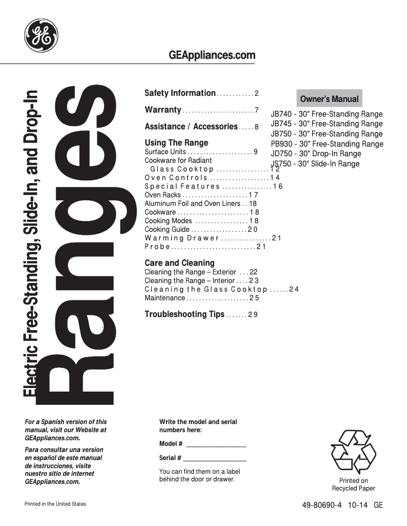 Página 1 del manual Manual de uso y mantenimiento GE Adora Series JB745DFWW