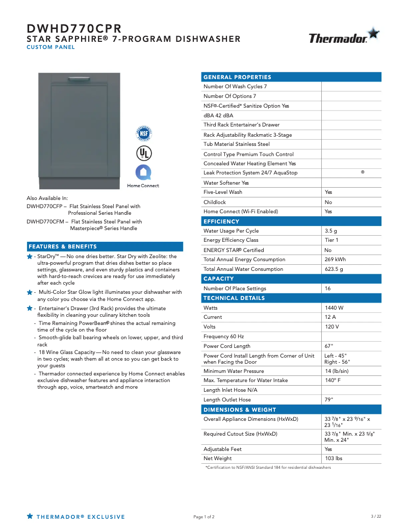 Page 1 de la notice Fiche technique Thermador DWHD770CPR