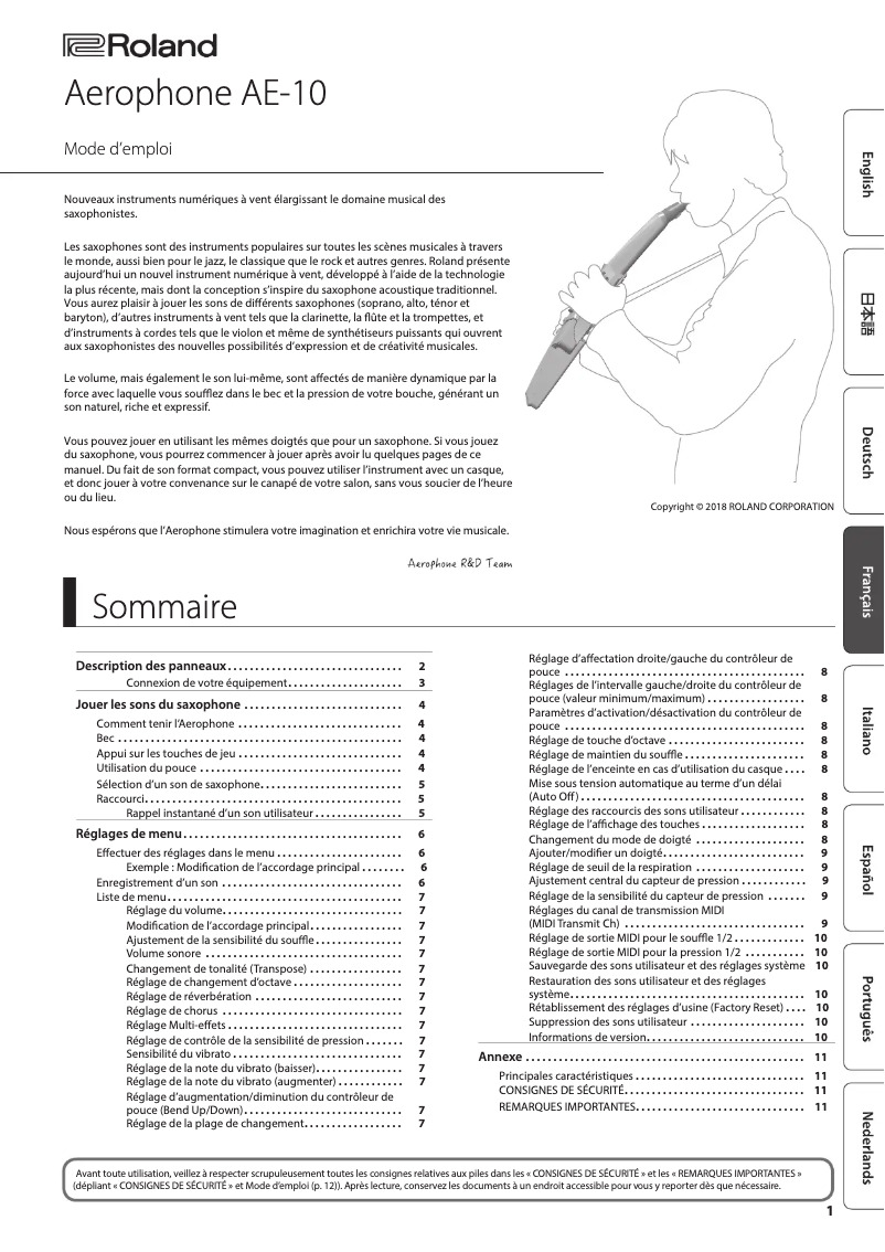 Page 1 of the manual User Manual Roland Aerophone AE-10