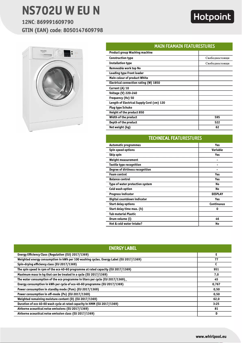 Página 1 del manual Ficha técnica Hotpoint NS702U W EU N