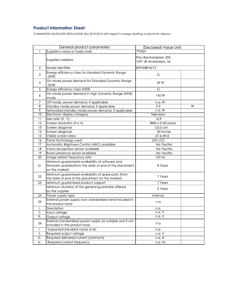 Page 1 de la notice Fiche technique Philips 50PUS8818
