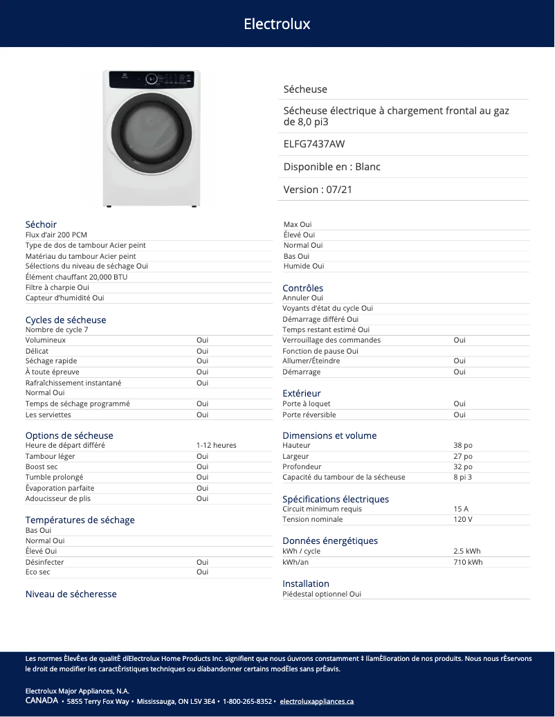 Page 1 de la notice Fiche technique Electrolux ELFG7437AW